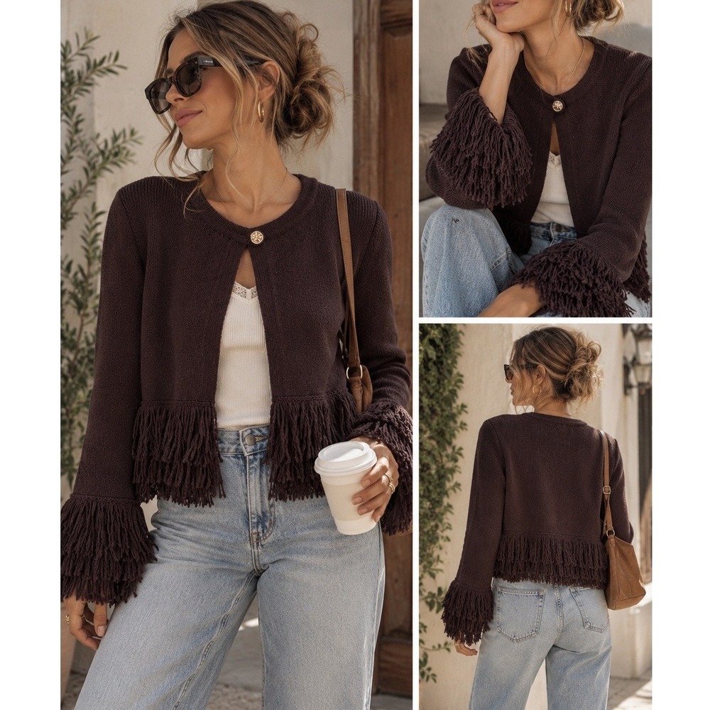 Western Fringe Hem Cuff Knit Cardigan Jacket Zara NWT S